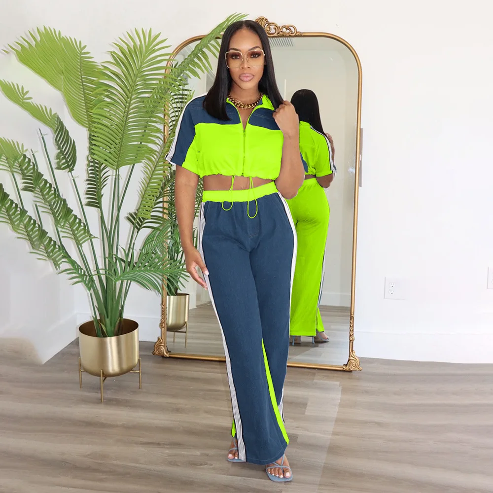 

Cowboy Patchwork Color Stand Up Collar Zipper Top Wide Leg Pants Women's Two-piece Set 2025 Summer