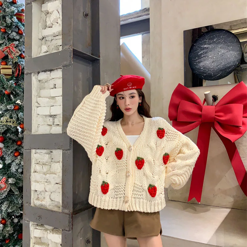 Autumn Winter Strawberry Knitting Women Cardigan Y2K Fashion Loose Long Sleeve Thicken Warm Sweater Korean Chic Preppy Sweater