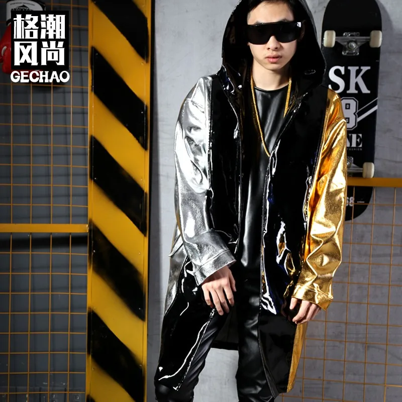 

S-5XL New Men singer Fashion DJ GD Hip hop Patchwork Contrast color Hooded PU cloak coat plus size stage Performance costumes