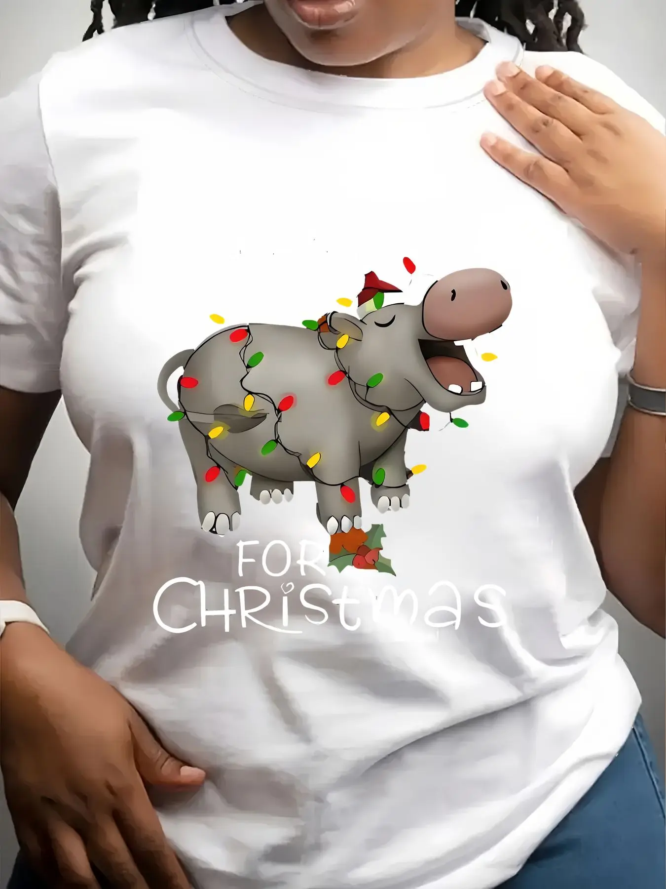 Women's Trendy Crew Neck T-Shirt Hippo Wrapped in Christmas Lights Suitable for Casual Sportswear