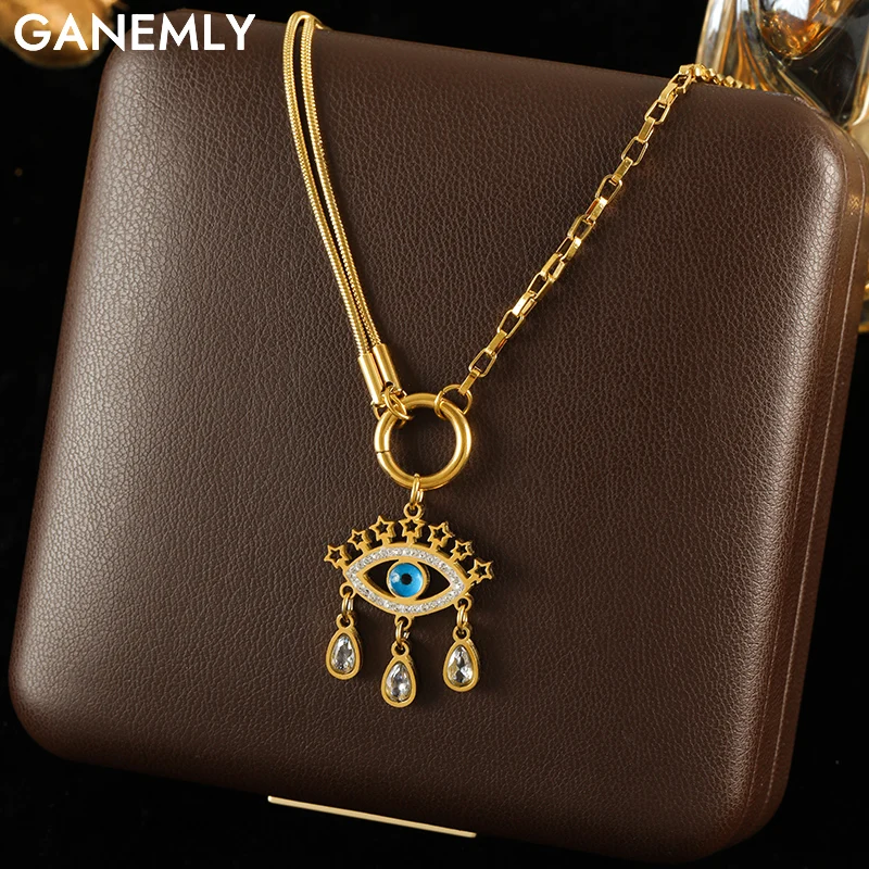 GANEMLY 316l Edelstahl Luxus Bling Zirkonia Auge Tröpfchen Anhänger Halskette Frauen Chic Romantische Wasserdichte Schmuck
