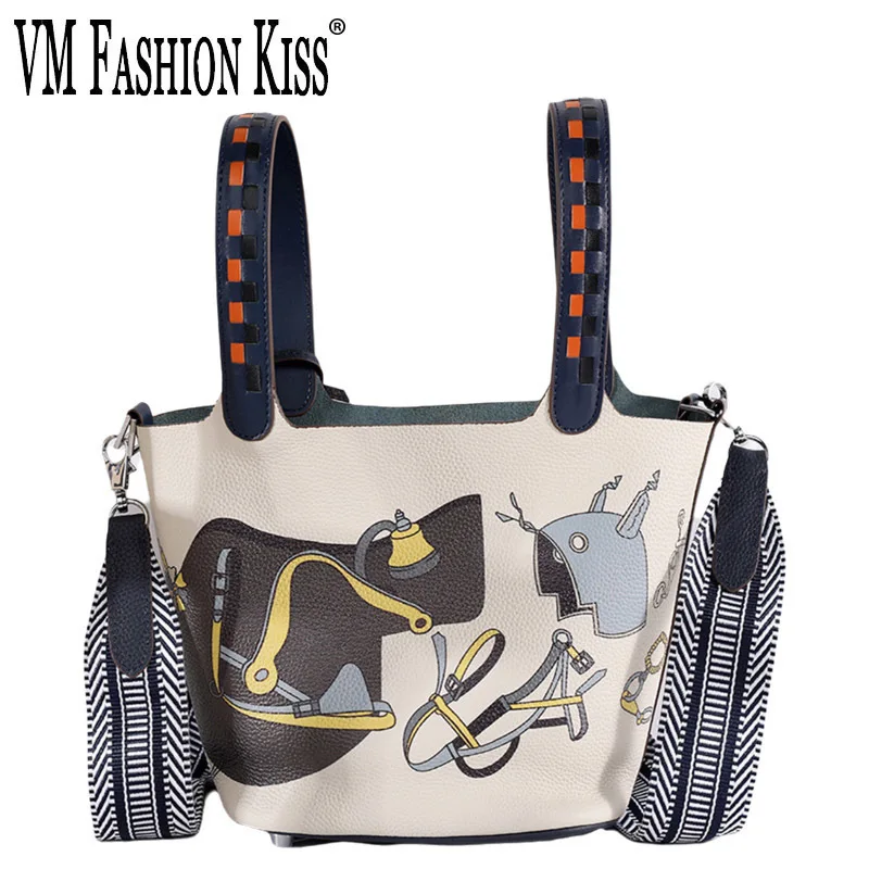 VM FASHION KISS Painted Basket Handbag Women's Stylish Adjustable Shoulder Top Cowhide Women's Bag Leather Hand Leisure Bag