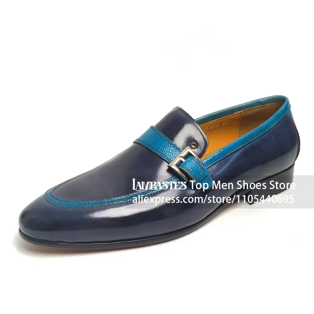 Navy Blue Contrast Buckle Penny Loafers Almond Toe Burnished Leather Metal Buckle Leather Shoes Business Casual Loafers for Men - view 4