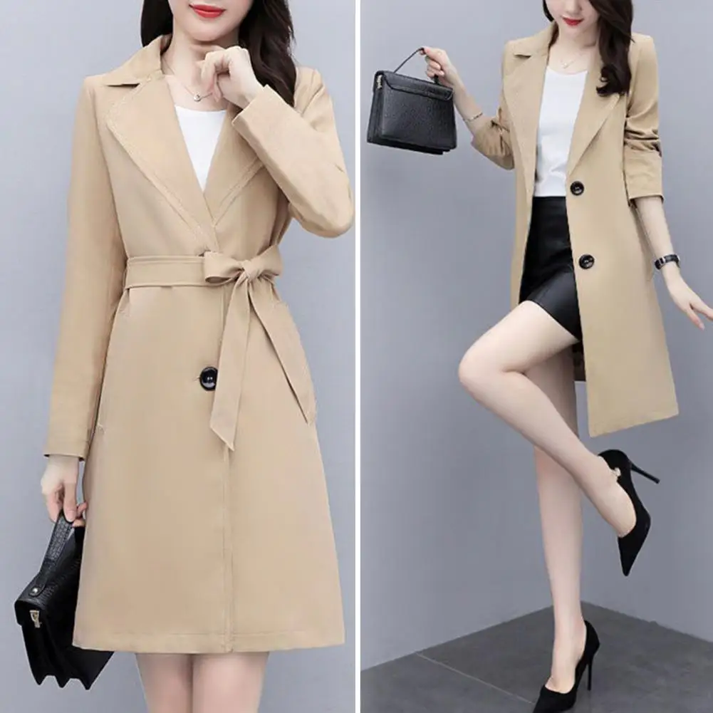 

Women Fall Spring Coat Lapel Cardigan Double Buttons Mid Length Formal Business Style OL Commute Jacket Trench Coat With Belt