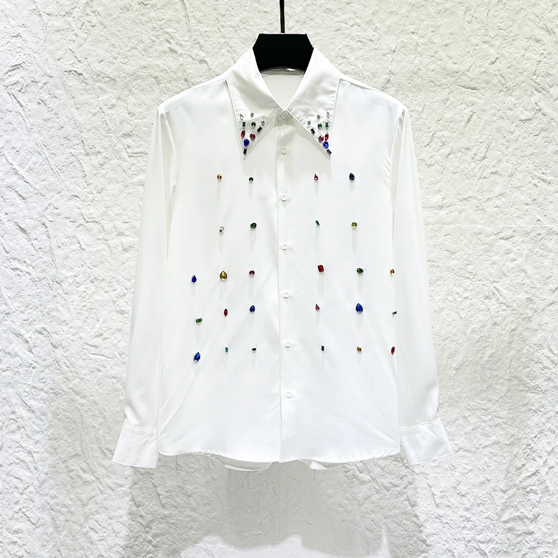 PFHQ تصميم جديد الرجال قميص ملون الماس الديكور شخصية الموضة طويلة الأكمام بدوره إلى أسفل طوق الاتجاه الذكور القمصان 21E7903 #3