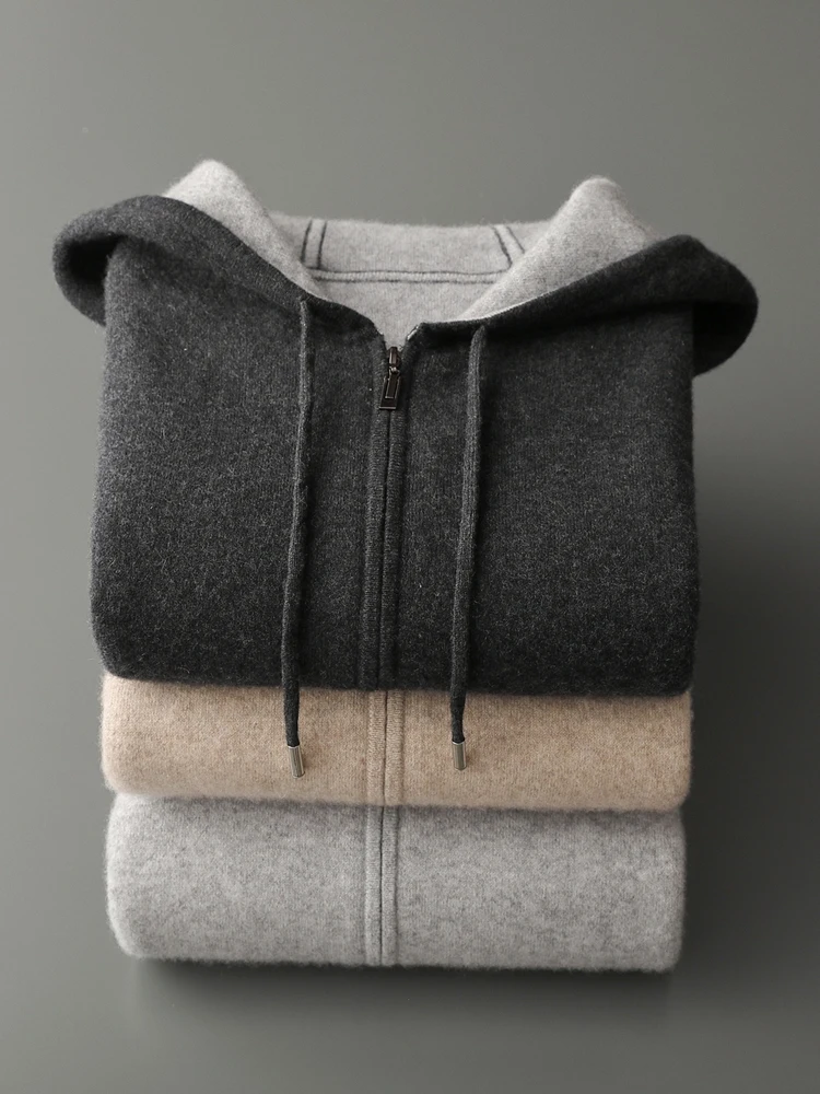 Pull en cachemire pour hommes, Cardigan 100% laine mérinos, sweat à capuche, fermeture éclair épaisse, tricot, manteau de qualité luxueuse, hauts intelligents et décontractés