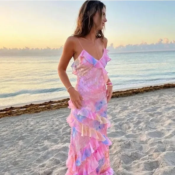 

Pink Gradient Mesh Ruffles Patchwork Sling Dress Women Summer V Neck Backless Long Dresses 2025 Fashion Female Holiday Vestidos