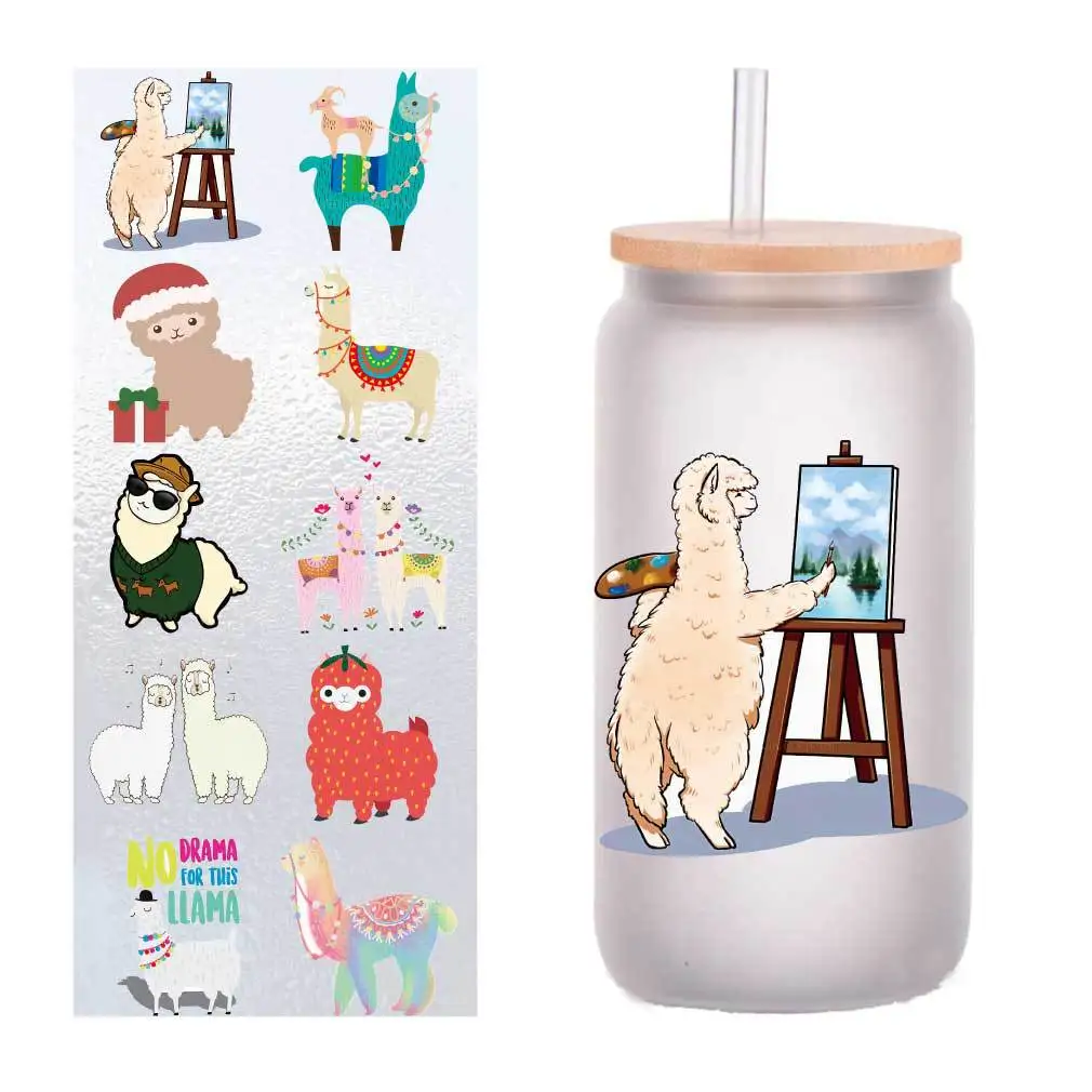

10 pieces/pack cartoon alpaca spit UV transfer sticker Crystal label glass sticker customized four inches