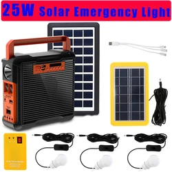 25W Solar Panel Emergency Light Kit, Solars Generator 4 Heads USB Charger Cable with 3 LED Light Bulb for Outdoor Camping Home