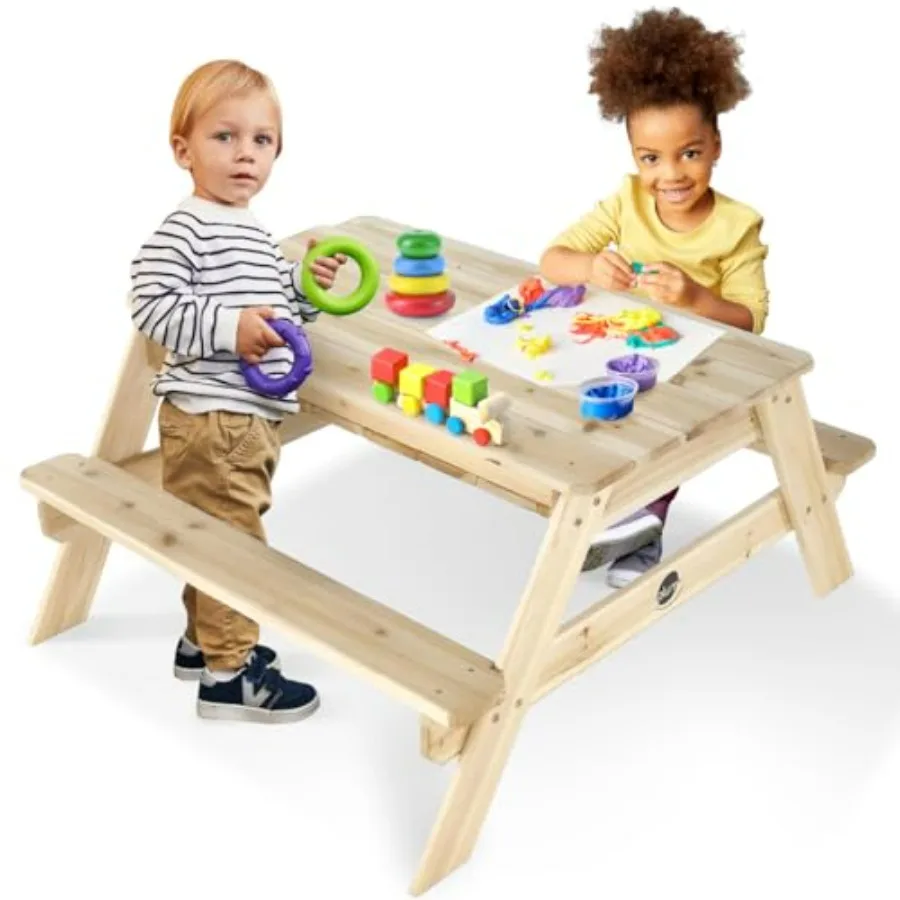 Surfside Wooden Sand and Water Picnic Table for outdoor sensory play, natural wood finish, durable construction, easy-clean rem