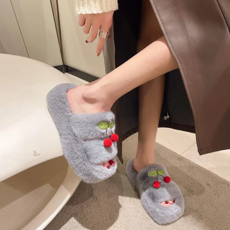 Cherry Fur Slippers Women Winter Indoor Solid Color Pantuflas Pompom Open Toe Fur Slides Ladies Trendy Comfy House Shoes