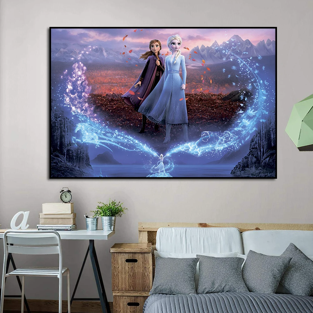 Queen Elsa Anna Poster, Disney Princess Wall Art, Frozen 2 Picture, Canvas Painting Print, Kids Room Home Decor, Birthday Gift