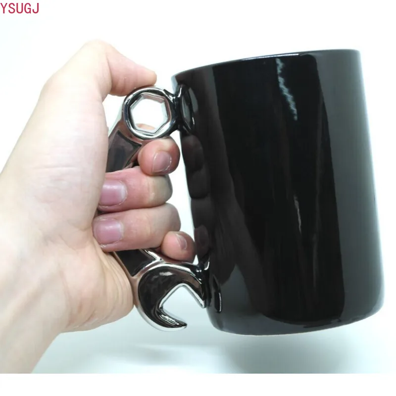 HF Wrench Ceramic Cup Creative Tool Coffee Mug Spanner Travel Mug Silver Handle Black Tea Water Drinkware Household Office