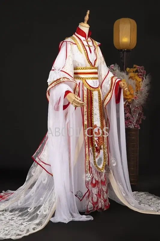 Tian Guan Ci Fu Xie Lian Tai Zi Yue Shen Platinum Peacock Cosplay Costume Ancient Hanfu Dress Halloween Party Wig Fan Shoes Prop