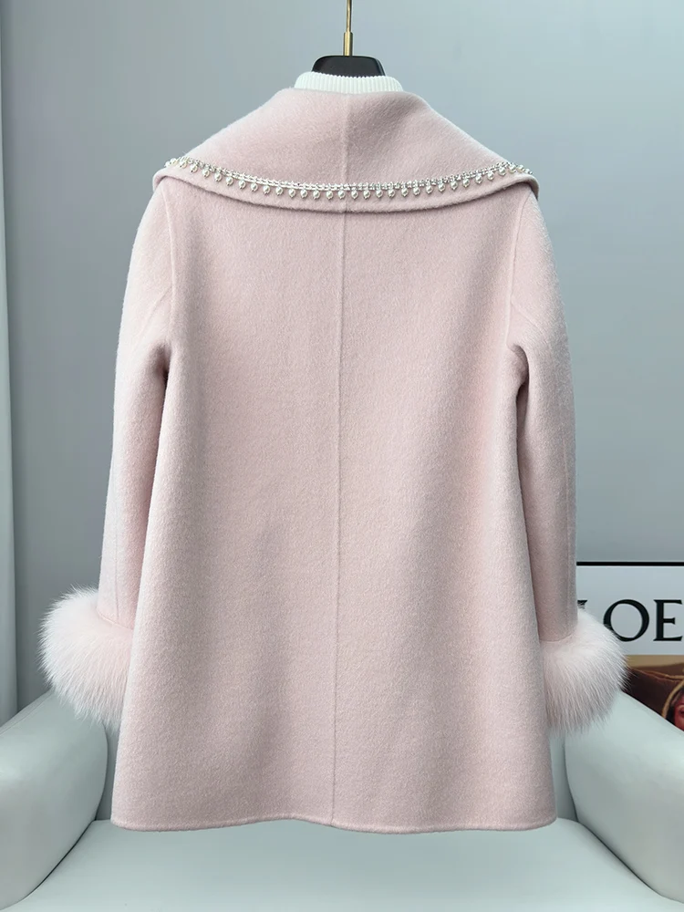 Suit Collar Double-Sided Alpaca Fleece/Fiber Coat Beaded Fashion Lady Mid-Length Fox Fur Double-Sided Woolen Coat Women