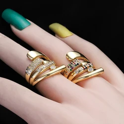Gold Color Smooth Hollow Geometric Ring for Women Open Multicolor Zircon Crystal Wedding Party Finger Jewelry Gift Trend