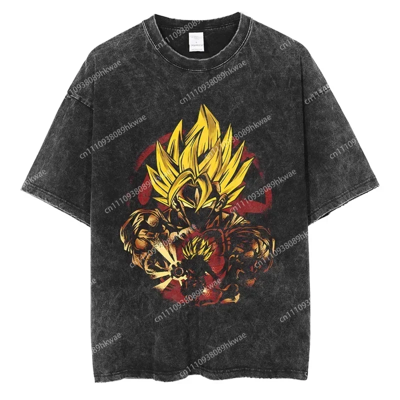 Camiseta de Algodón para Hombre Dragon Ball Z, Estilo Urbano, Color Negro Lavado, Talla Grande, Manga Corta, Uso Diario Informal, Diseño Super Saiyan Vegeta