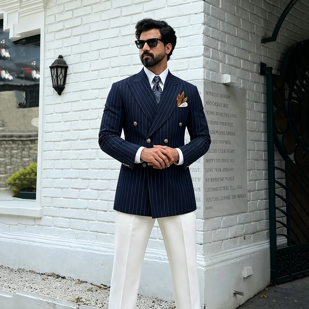Fashion New Men's Suit Formal Business Wedding Groom Tuxedos 2 Pieces Peak Lapel Double Breasted Stripe Blazer+White Trousers