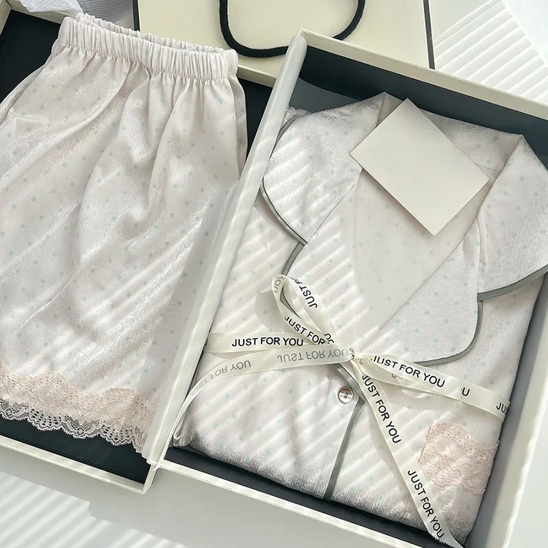 

Lace Edge Women Pajamas Set Pijama Silk Satin Pyjama Women Loungewear Lapel Short-sleeved Homewear Ice Silk Summer Pajamas Woman