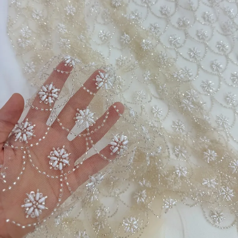 

Faux Fish Scale Sequin Beading Mesh Fabric for Stage Costumes Wedding Dress Design Cloth Diy By The Meter Sewing Material