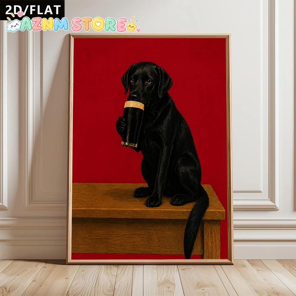 2D Flat, 1pc Black Labrador Retriever Poster - Retro Abstract Dog Drinking Water Art, Suitable for Bar Cafe Wall Decor, Matte