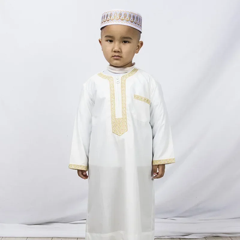 New Saudi Arabia Kids Boys Thobe Jubba Embroidery Islamic Clothing Muslim Robe Kaftan Thobe Kurta Pakistan Oman Costume Prayer