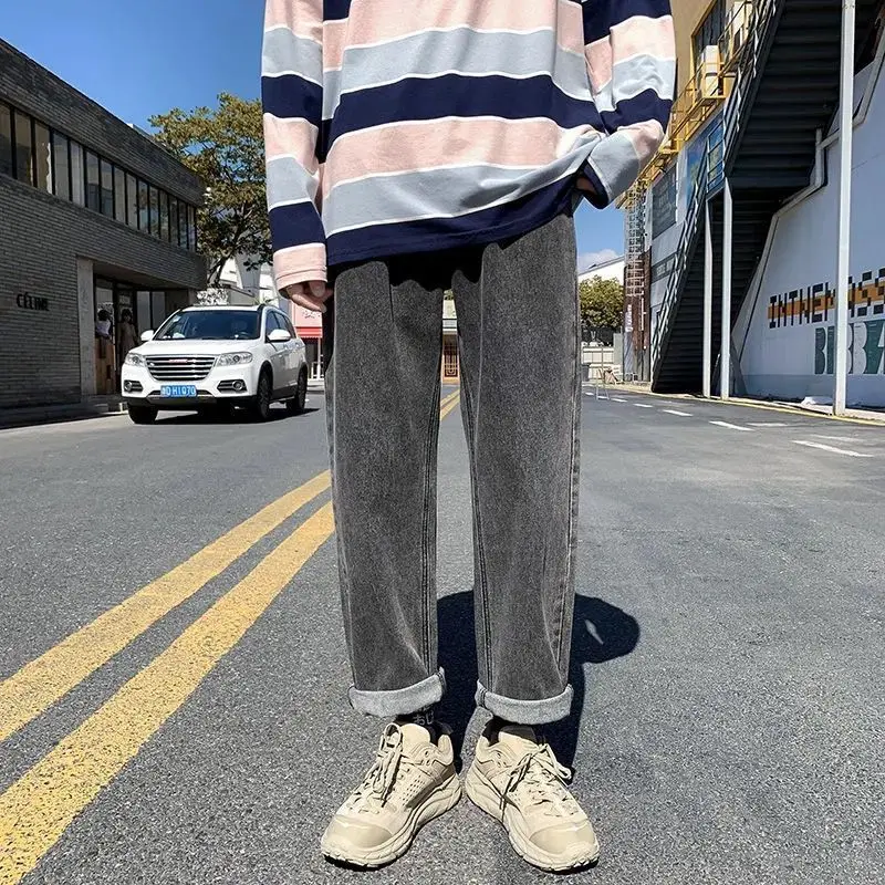 Men's Casual Retro Hong Kong Style Cropped Wide Leg Jeans Youth