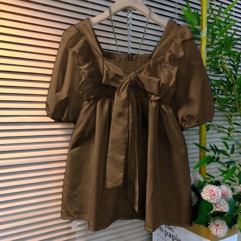 Bow Patchwork Ruffles Loose Solid Elegant Blouse Women Clothing New Trend Short… - Image 2