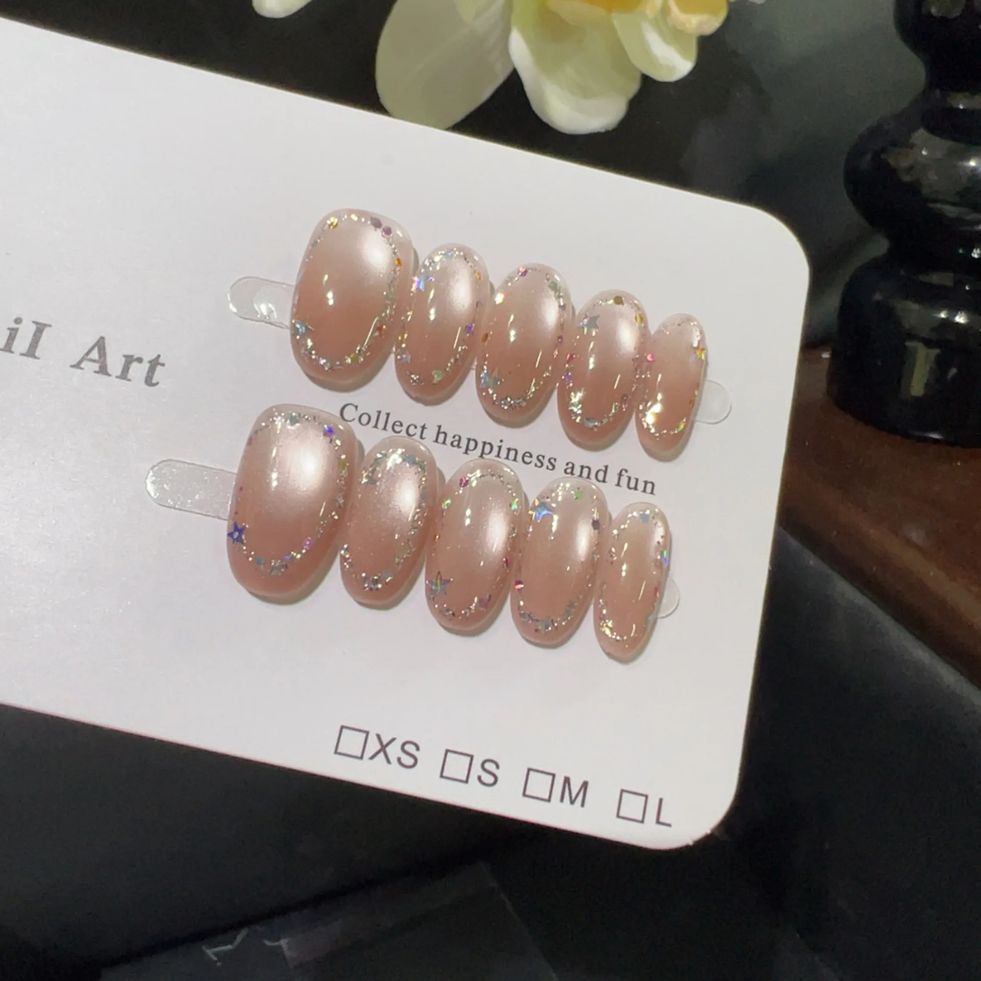 10pcs Handmade Short Press on Nails Nude Pink Crystal Glass Beads Cat Eye Glitter Sequins Design False Nails Wearable Nails Art