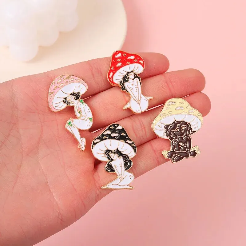 4Pcs Cute Mushroom Beautiful Girl Series Alloy Brooch Creative Pin Beautiful Mushroom Beautiful Girl Shape Baking Paint Badge