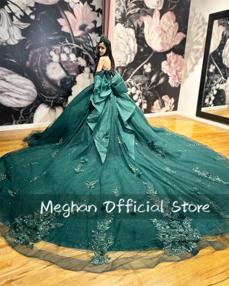 الزمرد الأخضر قبالة الكتف فساتين Quinceanera ثوب الكرة يزين 3D زهرة اللباس الرسمي القوس فساتين الأميرة مخصصة #3