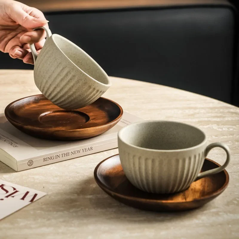 200ML Coarse Ceramic Vertical Stripe Coffee Cup And Saucer European Style Ceramic Drip Coffee Latte Cup Breakfast Milk Mug Gift
