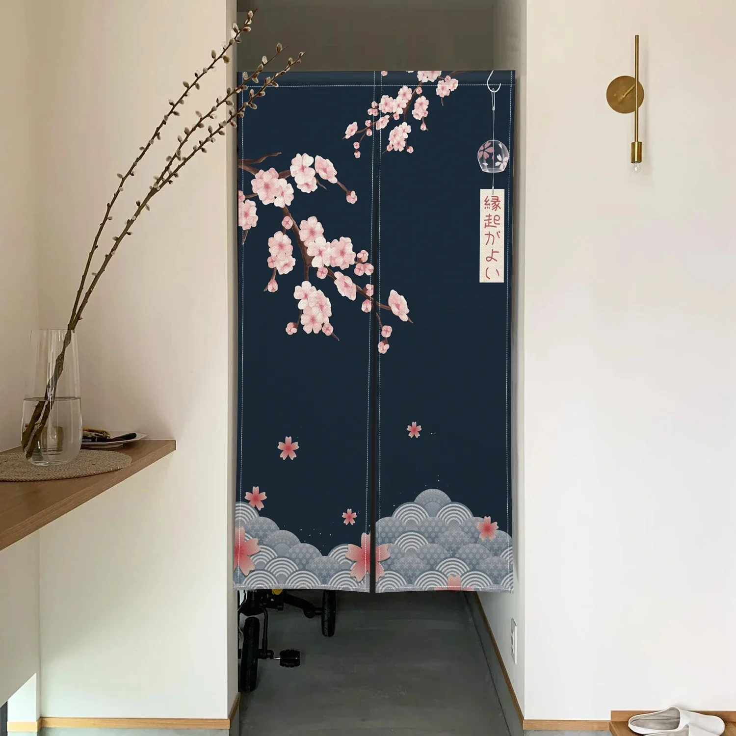 일본식 프린트 벚꽃 문짝 커튼, 칸막이 주방 출입구 장식 드레이프, 입구 노렌 걸이식 하프 커튼 