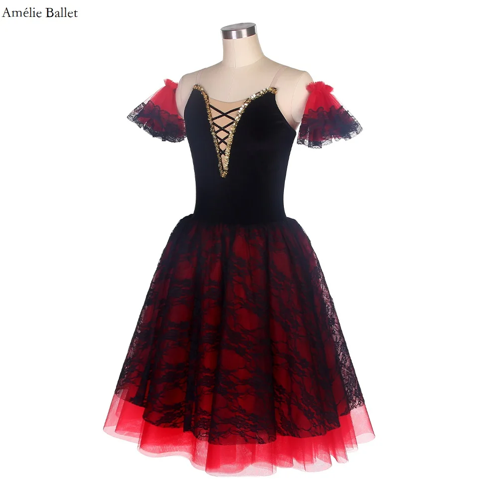 22138 novo espanhol longo ballet tutu preto veludo superior corpete blacke renda & tule vermelho romântico ballet tutu adulto criança ballet traje