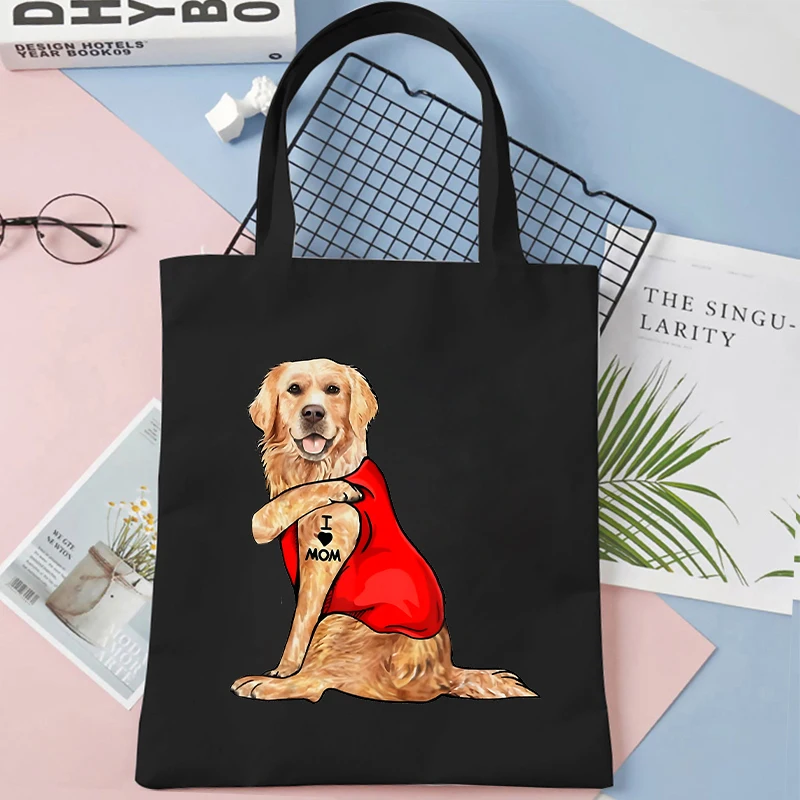 Funny Dog I Love Mom Print Shoulder Bags Women Canvas Tote Reusable Recycle Bag Eco Shopping Bags with Handbags Supermarket Bag