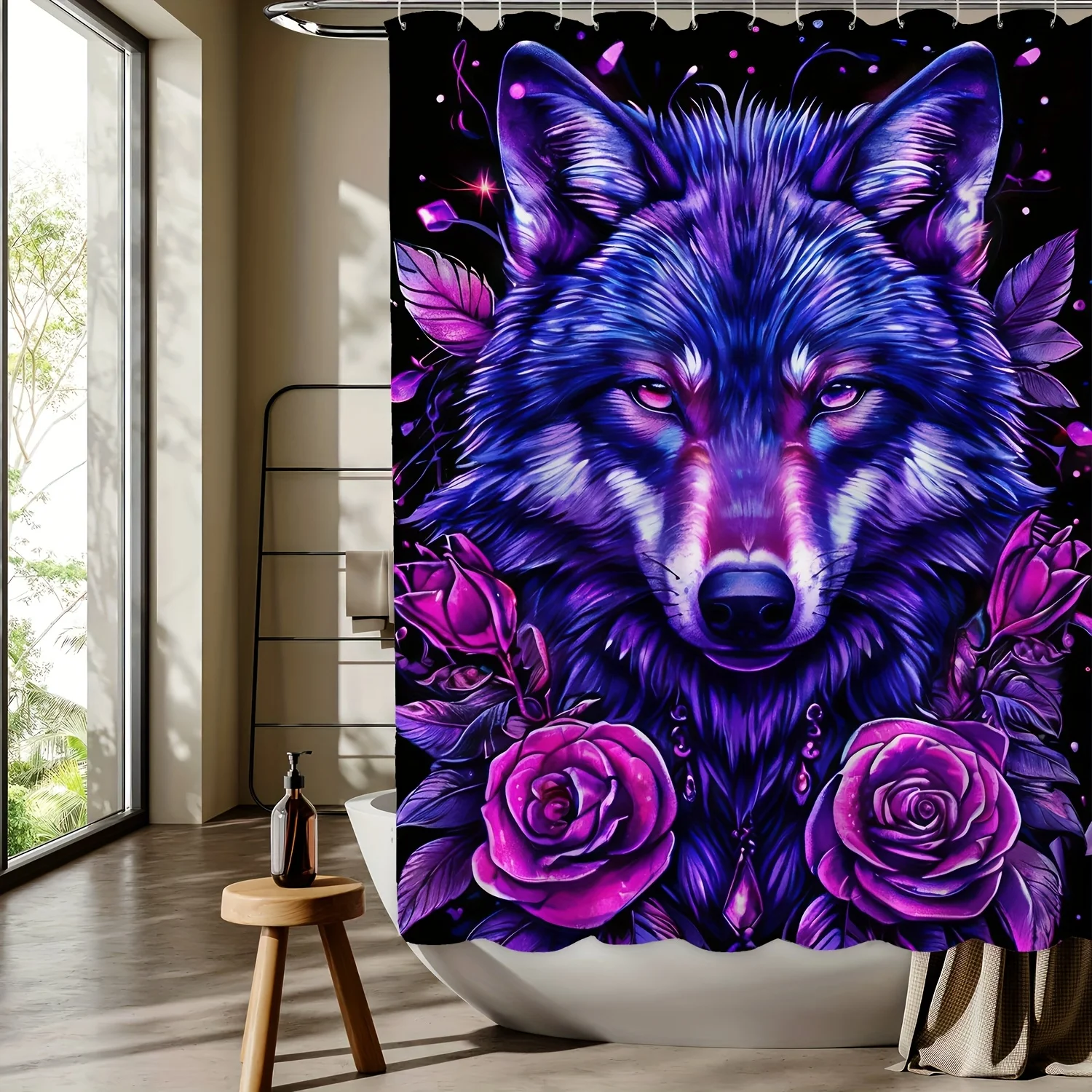 

Занавеска для душа с волком и розой — яркий дизайн фиолетового волка, цифровой принт, можно стирать в машине, двусторонний полиэстер для декора ванной комнаты