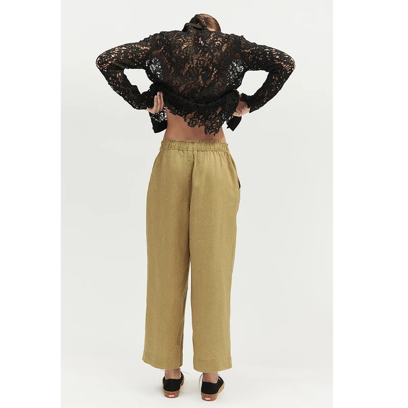 High-end Linen Women's Nine Straight Leg Pants Dark Green Elasticated Waist Simple Pants Comfortable Cool Spring and Summer