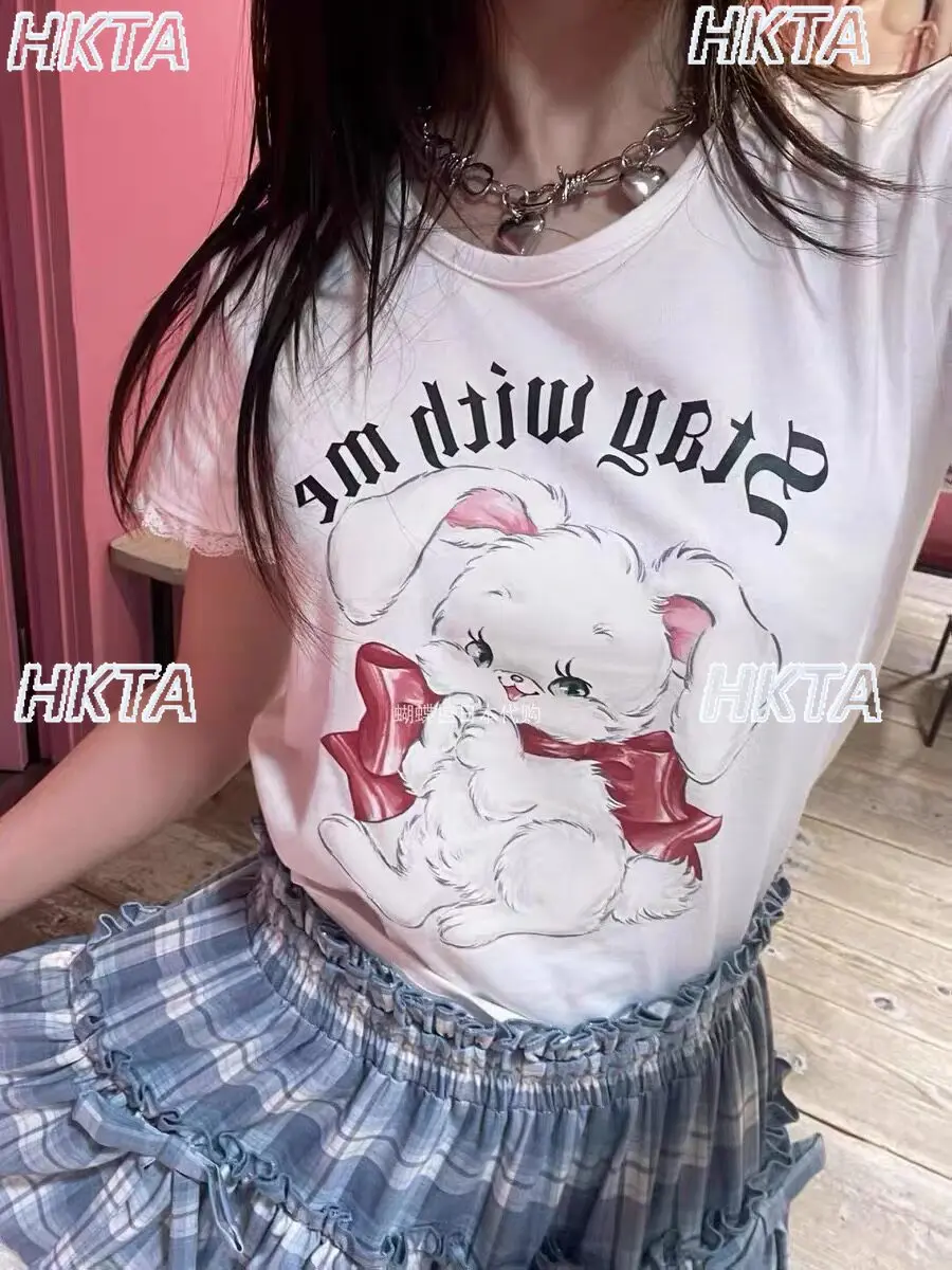 Original Japanese Style Cute Candy Rabbit Fungus Lace Sweet Short-sleeve Tshirt 2026 Summer T-shirts Women Tops Y2k Accessories