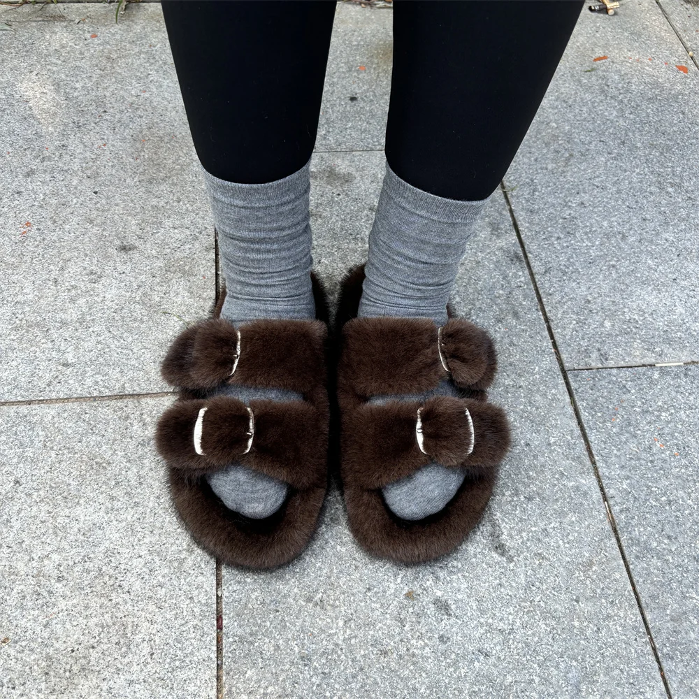 Ladies Plush Fur Autumn Winter Slipper Fashion Faux Fur Warm Shoes Woman Cozy Flat Heels Home Furry Slippers Female Couple Shoes