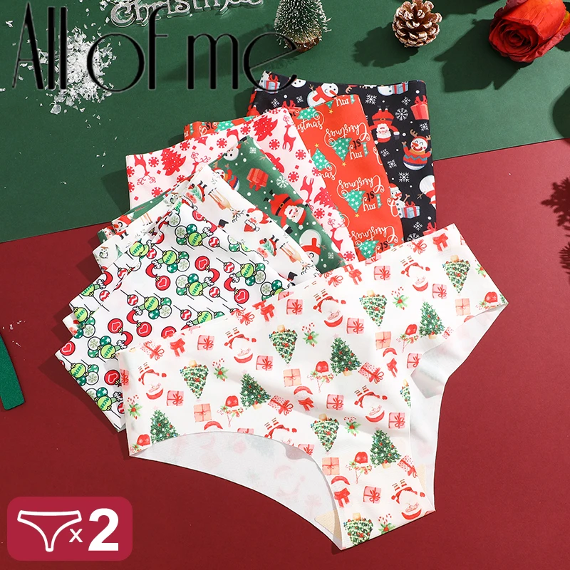 2Pcs/Set Christmas Snowflake Santa Claus Panties Sexy Breathable Women\'s Underwear Low Waist Thong Merry Christmas Panties