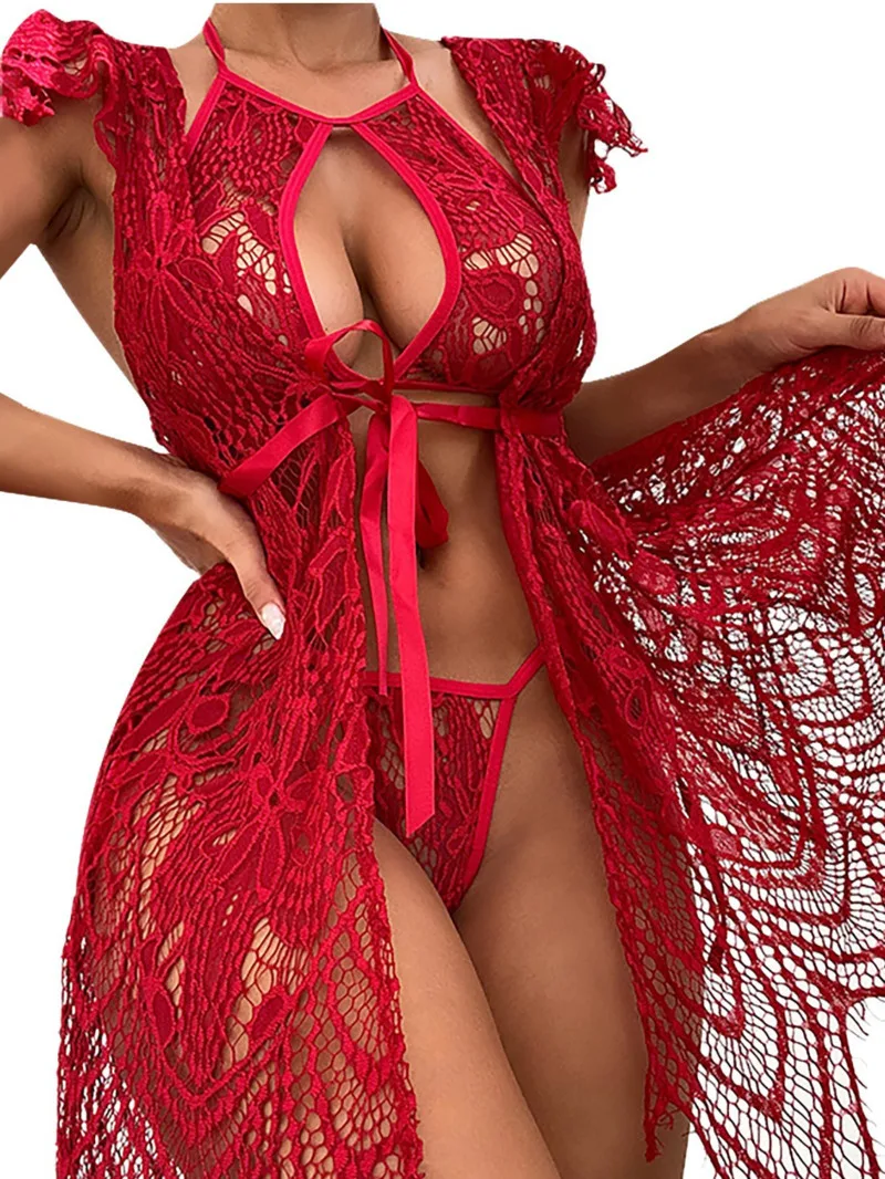 Vestido Sexy Casaul estilo puro deseo, vestido Sexy de encaje transparente con cuello colgante y hombros descubiertos, sin espalda, escote en V profundo sin mangas V0X5