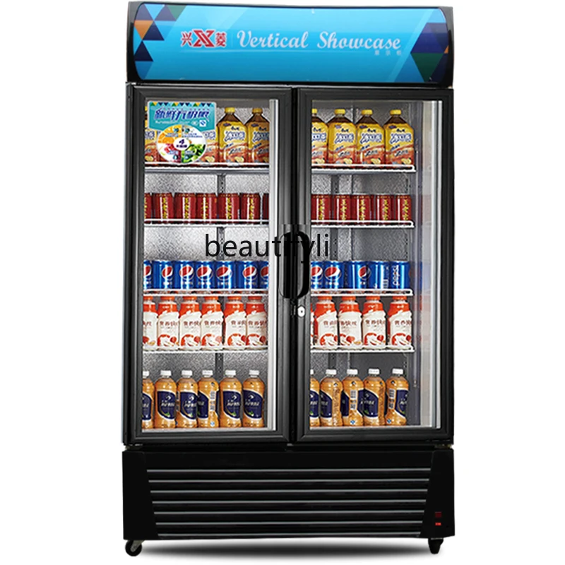 Commercial Vertical Double-Door Refrigerating Display Cabinet Glass Door Refrigerator Freezer Beverage Fresh Cabinet