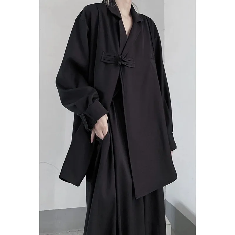 

Chinese Style Black Shirt Jacket Long Sleeve Tops Men Women Vintage Loose Turndown Collar Hanfu Autumn Casual Kimono Hombre