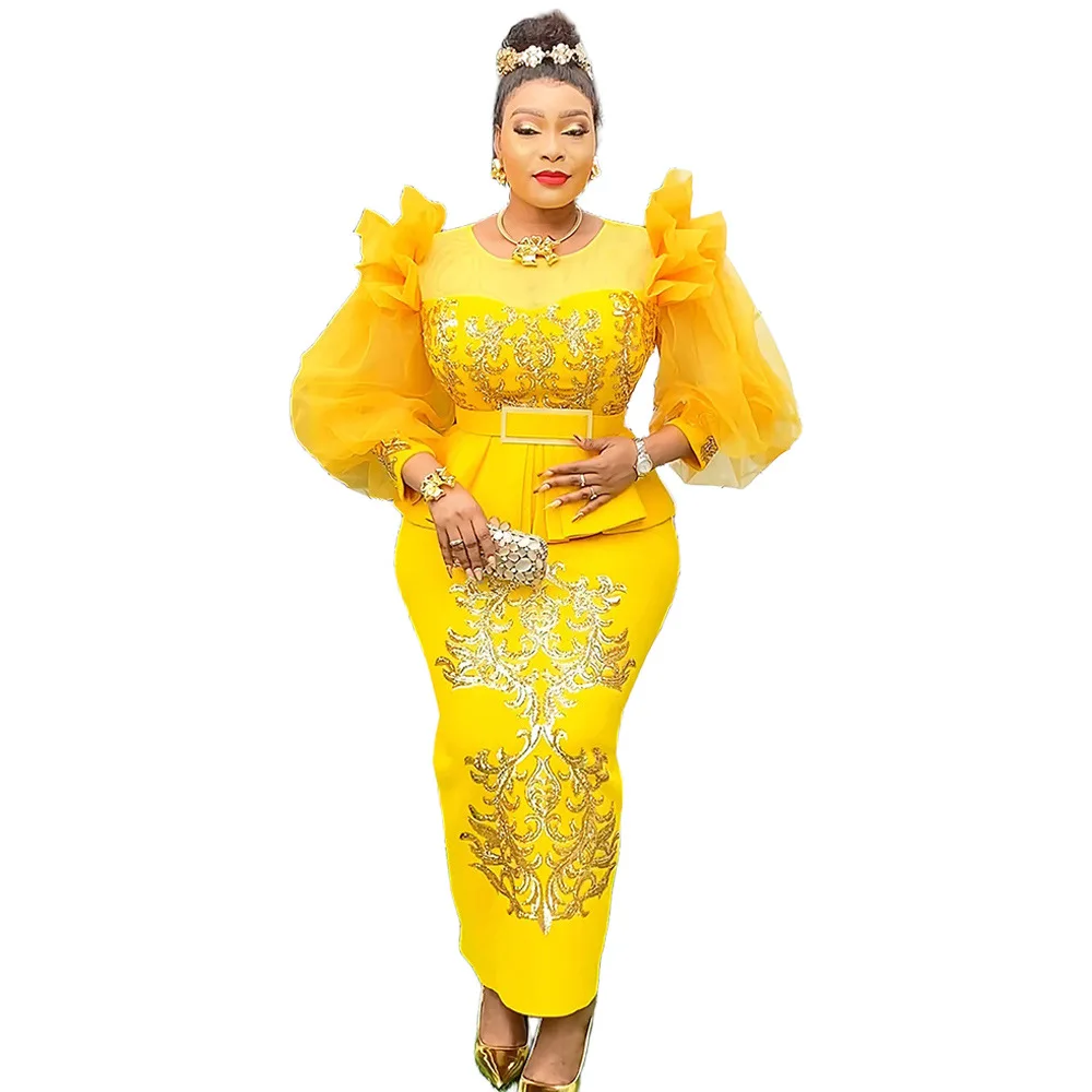 Women Long Party Dresses Patchwork Sheer Puff Sleeves Shiny Sequined  Birthday Event African Wedding Guest Formal Occasion Gowns - AliExpress