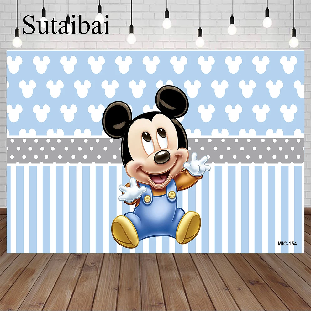 Light Blue Baby Mickey Mouse Backdrop Half Birthday Background Mickey Head Baby Shower Backdrop for Boy Happy Birthday Banner