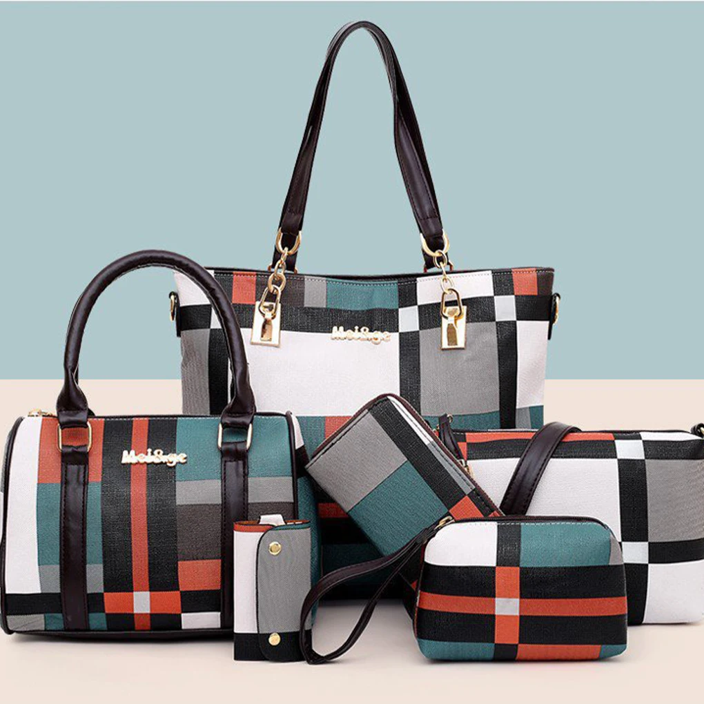 6PCS Striped Color Block Large Capacity Women Bag Handbag Shoulder Crossbody Bag Purse Wallet Envelope Messenger Bag Female