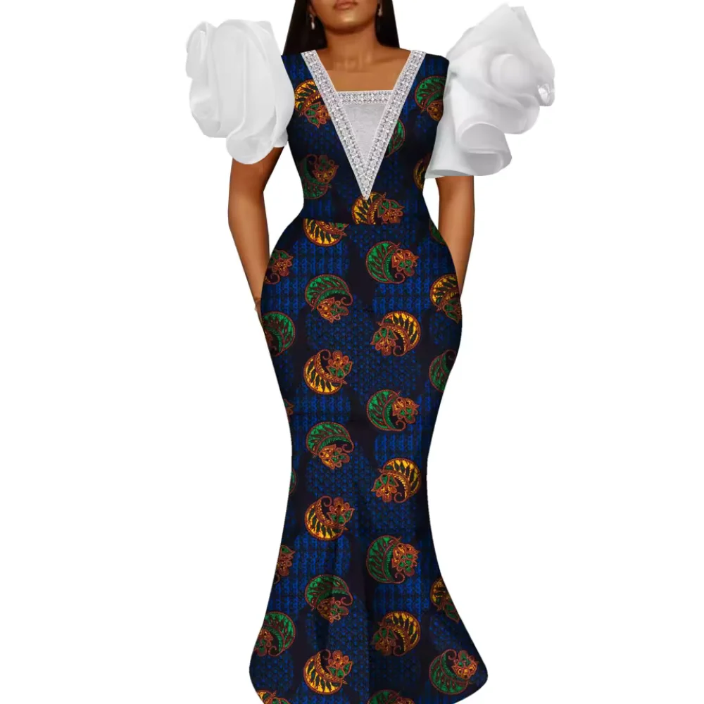 African Women's Plus Size Cotton Ankara Hip Wrap Dress with Long Puff Sleeves Floral Print Elegant Traditional Wedding Clothing