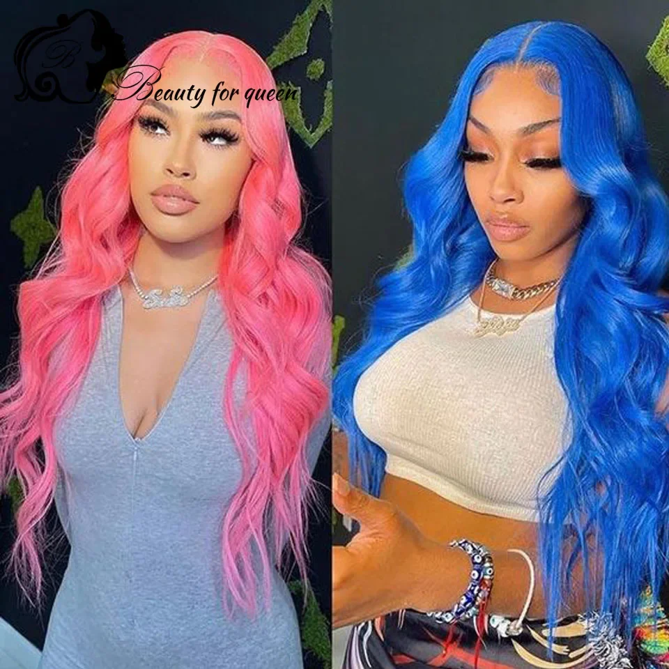 

200 Density Brazilian Human Hair Wig Pink Body Wave Transparent 13x4 Lace Frontal Wigs Colored Blue For Women Wear And Go