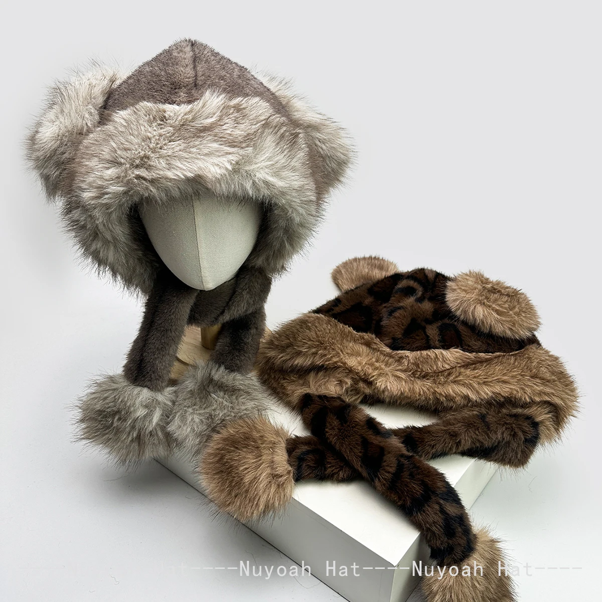 الخريف والشتاء النساء لطيف آذان أرنب صغير أفخم القبعات الدافئة في الهواء الطلق ظلة ليوبارد طباعة صياد قبعات الأشرطة تنوعا #2