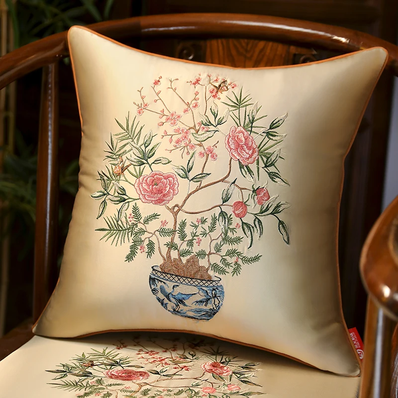 Chinese Vase Pillows Luxury Embrodiery Cushion Case Vintage 45x45 50x50 Decorative Pillow Cover For Sofa Chair Home Decorations